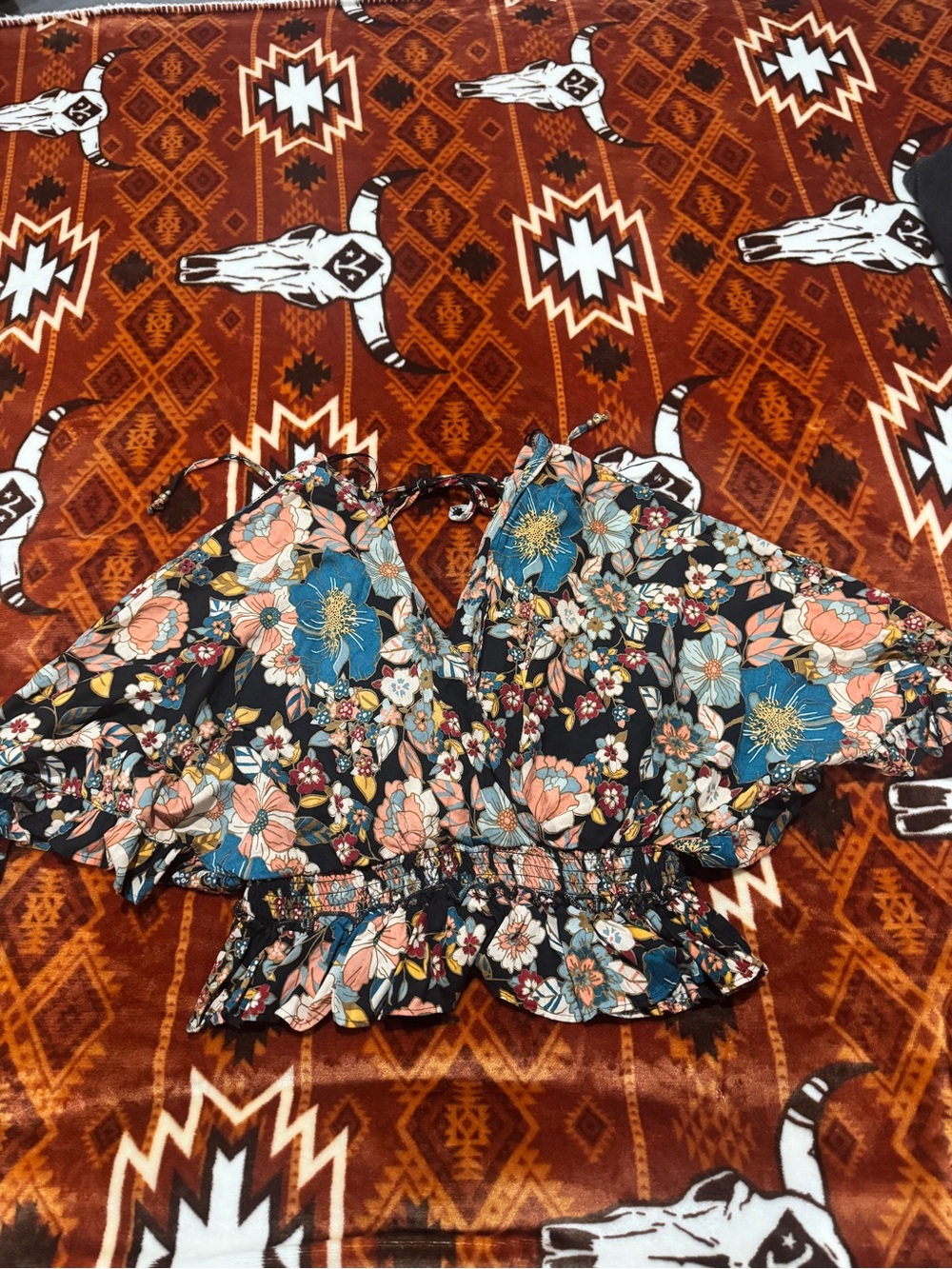 Angie Floral V-Neck Long Crop Top in Black, Blue & Peach